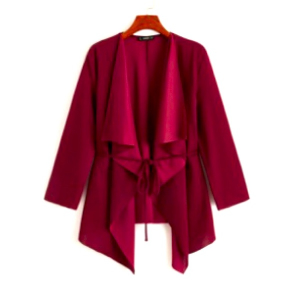 SHEIN Burgundy Waterfall Collar Belted Jacket Size 2X.